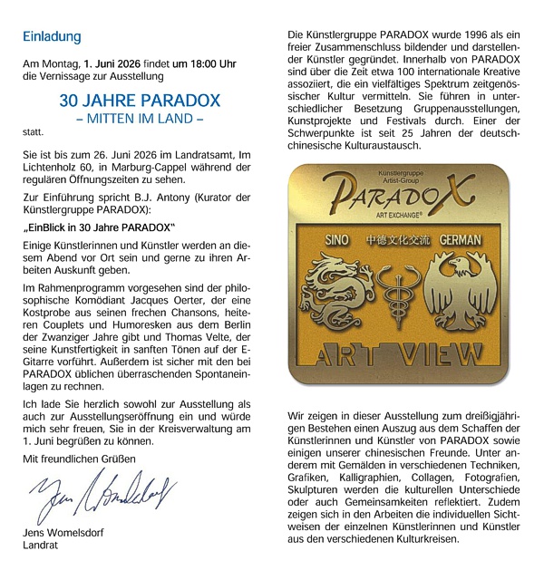 Einladung "30 Jahre PARADOX - Mitten im Land" Einladung "30 Jahre PARADOX - Mitten im Land"